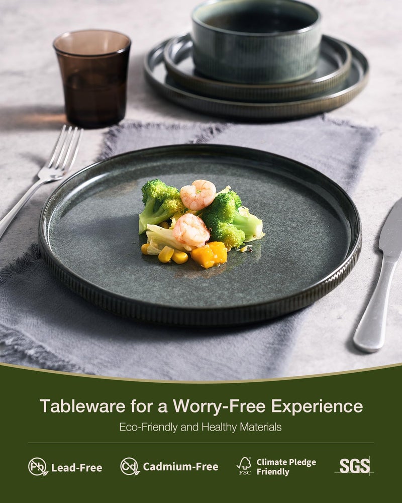 Famiware Star Dinnerware Set, Plates and Bowls Sets for 4 (12pcs), Ribbed Stoneware Dishes - Chip & Scratch Resistant, Microwave & Dishwasher Safe, Deep Forest - Image 4