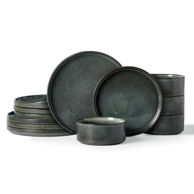Famiware Star Dinnerware Set, Plates and Bowls Sets for 4 (12pcs), Ribbed Stoneware Dishes - Chip & Scratch Resistant, Microwave & Dishwasher Safe, Deep Forest - Image 1