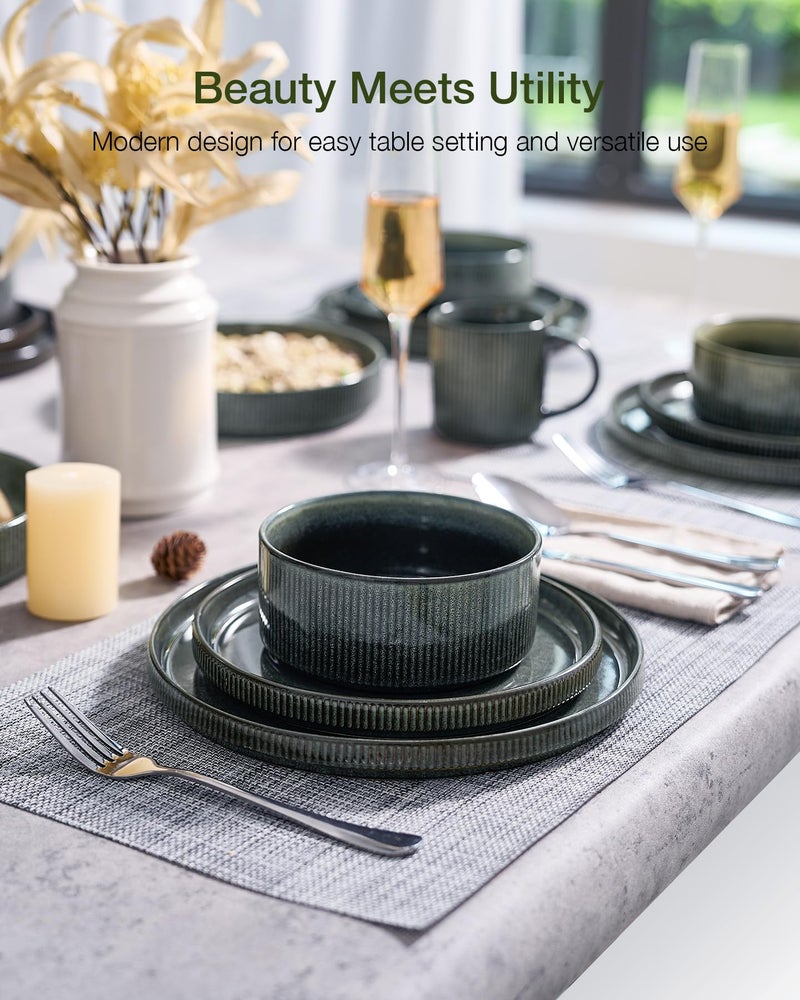 Famiware Star Dinnerware Set, Plates and Bowls Sets for 4 (12pcs), Ribbed Stoneware Dishes - Chip & Scratch Resistant, Microwave & Dishwasher Safe, Deep Forest - Image 2
