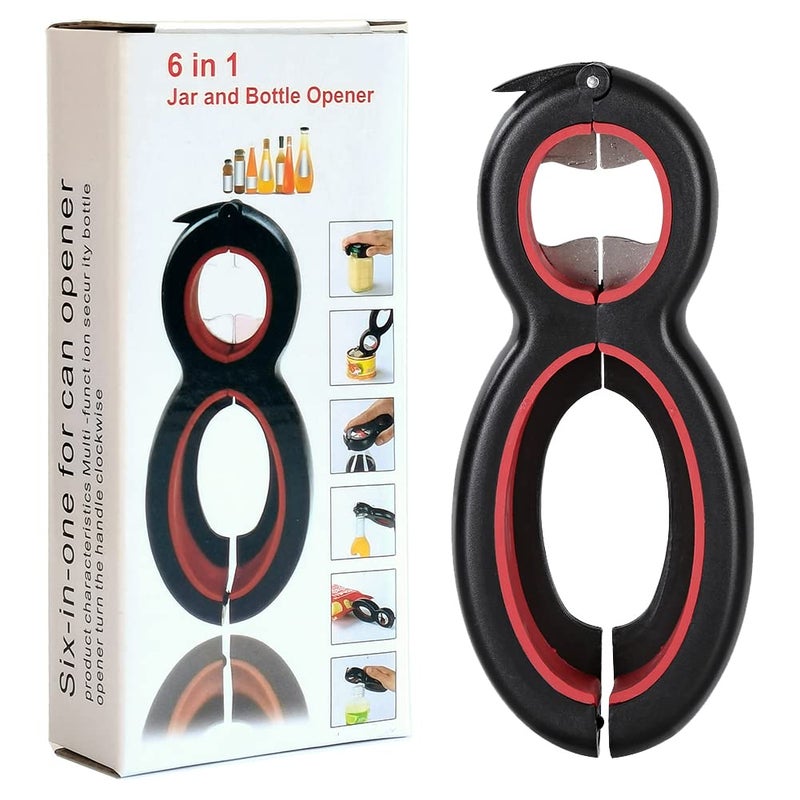 Otstar 6 in 1 Multi Opener All in One Bottle Opener Can Soda and Jar Openers Twist Off Lid  Open Sesame Can Opener for Seniors and Arthritic Hands Black and Red
