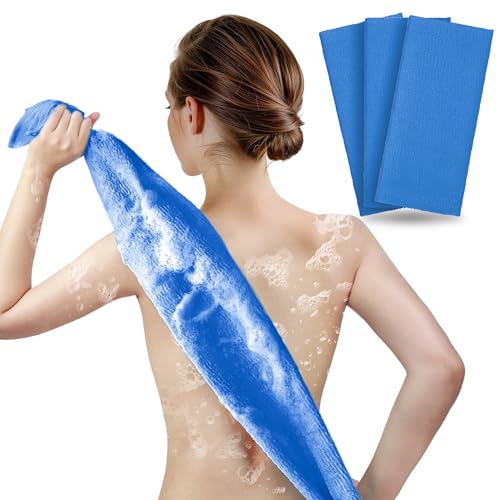ARCH&M Exfoliating Shower Towel – 35-Inch Japanese-Style Back Scrubber for Shower, Textured Poly Nylon Body Exfoliating Washcloth for Back Acne, KP & Ingrown Hairs, Quick-Dry, 3 Pack (Navy-Blue x 3) - Image 1
