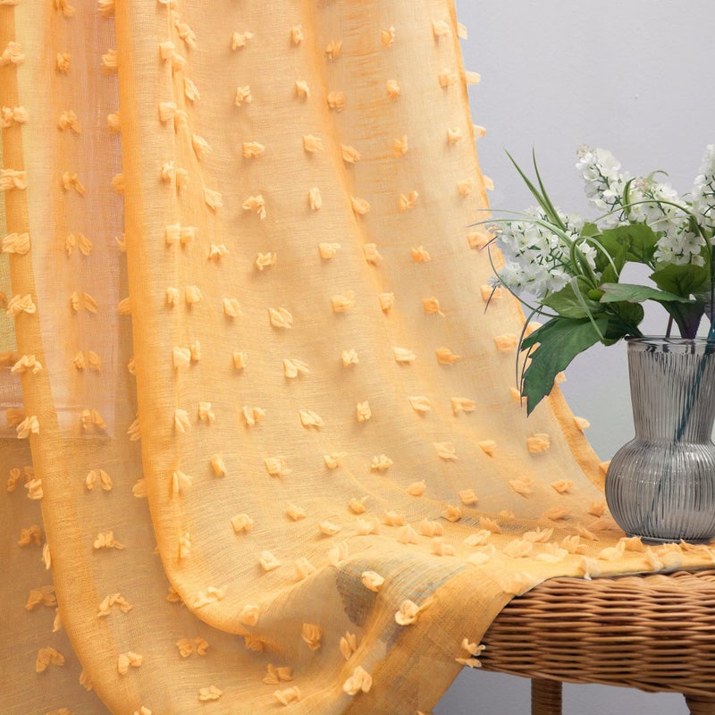 Yellow Short Curtains 45 Inch Length for Kitchen Set 2 Panels Boho Pom Pom Textured Back Tab Rod Pocket Semi Voile Drapes Mustard Gold Sheer Curtains for Bathroom Kids Bedroom Nursery Small Windows
