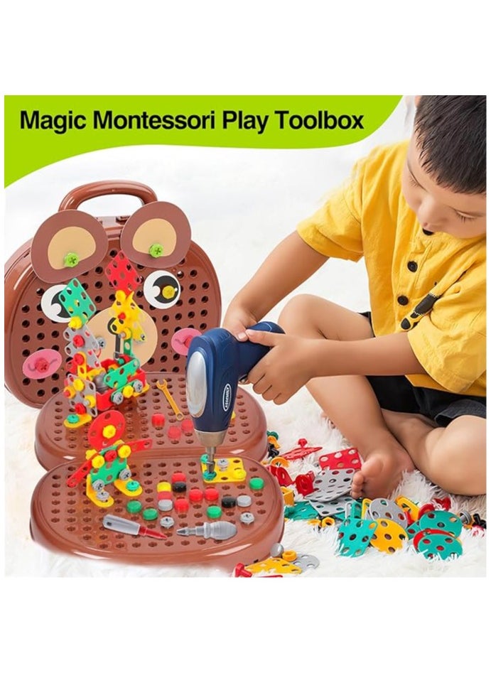 JoyousSto Magic Montessori Play Toolbox 203Pcs Magic Montessori Play Toolbox Bear with Drill 2D/3D Creativity Tool Box Toys Gift for Age 3-12 Years Old Boys Kids Girls Gift  - Image 2
