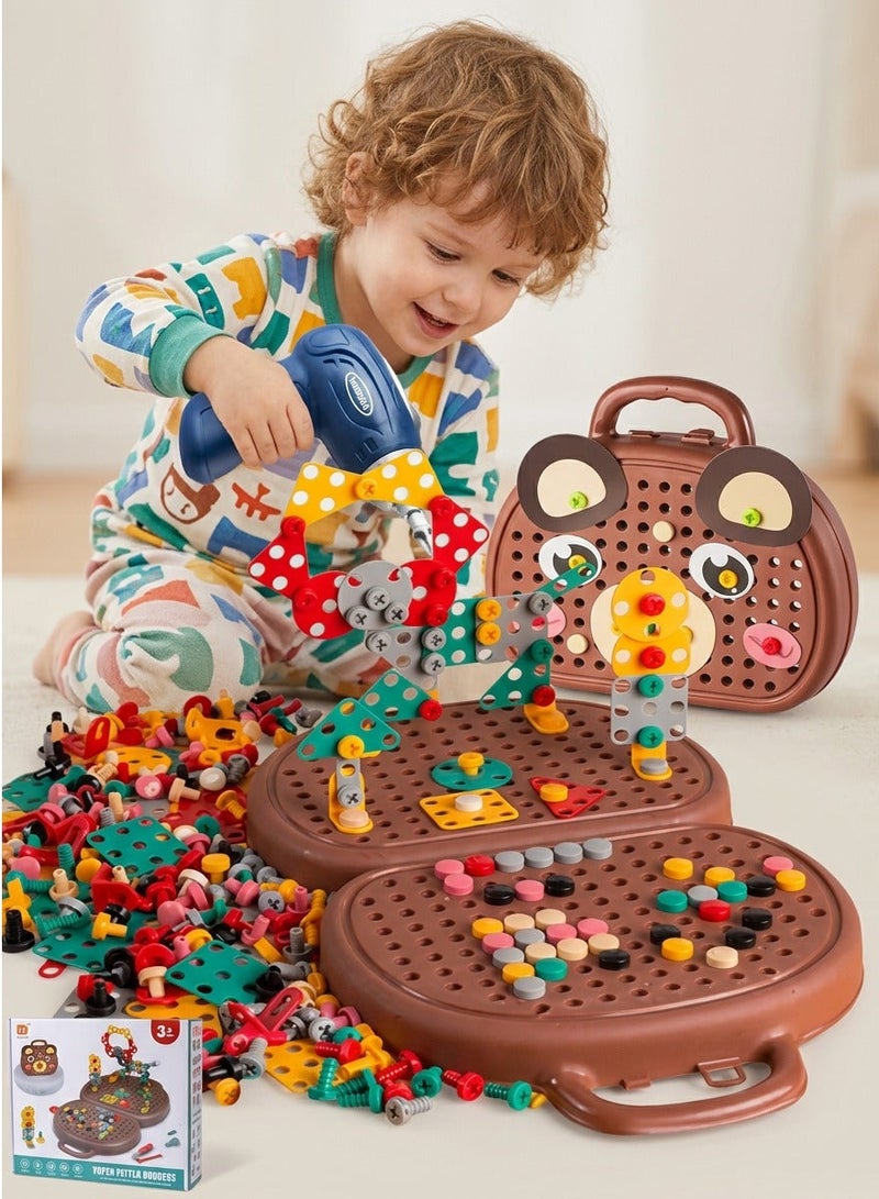 JoyousSto Magic Montessori Play Toolbox 203Pcs Magic Montessori Play Toolbox Bear with Drill 2D/3D Creativity Tool Box Toys Gift for Age 3-12 Years Old Boys Kids Girls Gift - Image 1
