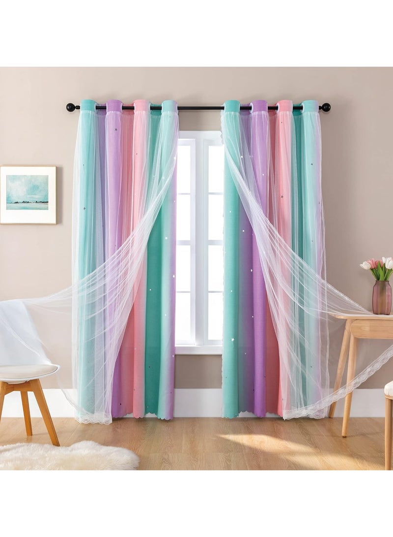 Curtains for Girls Bedroom Kids Room Unicorn Princess Theme Room Darkening 63 inches Long Wall Decals Pink Purple Green, W52 X L63 - Image 1