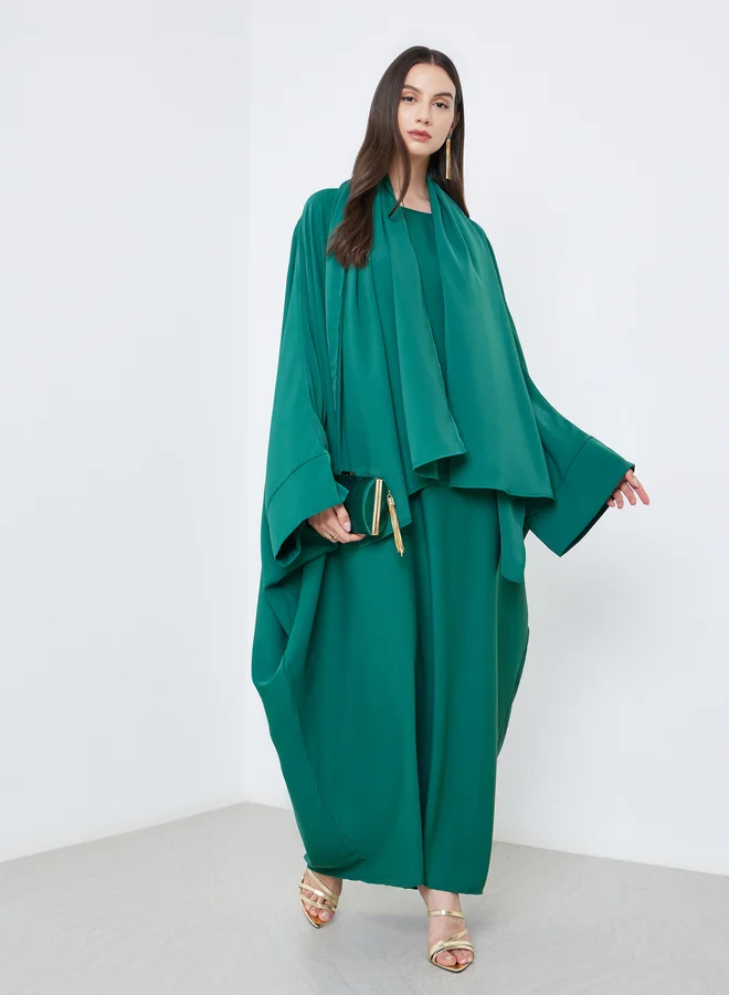 تايك تو Take Two Solid Batwing Sleeve Abaya with Hijab Set