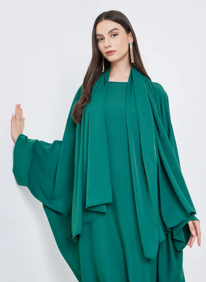 تايك تو Take Two Solid Batwing Sleeve Abaya with Hijab Set