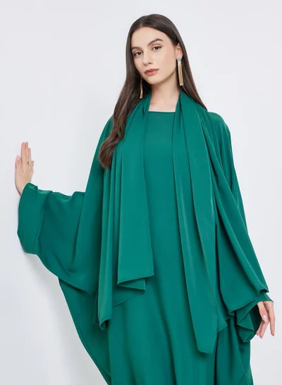 Take Two Solid Batwing Sleeve Abaya with Hijab Set