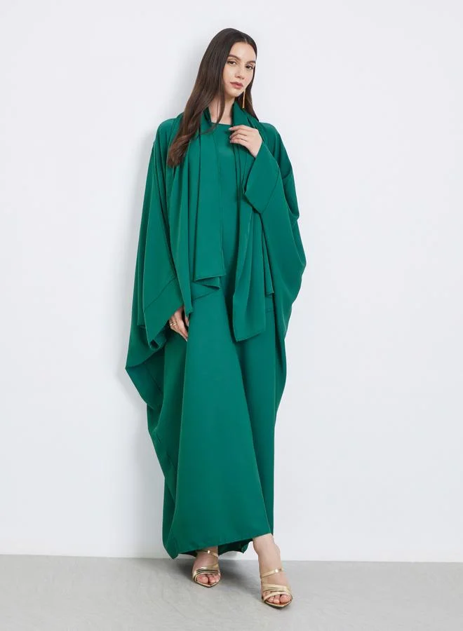 Take Two Solid Batwing Sleeve Abaya with Hijab Set