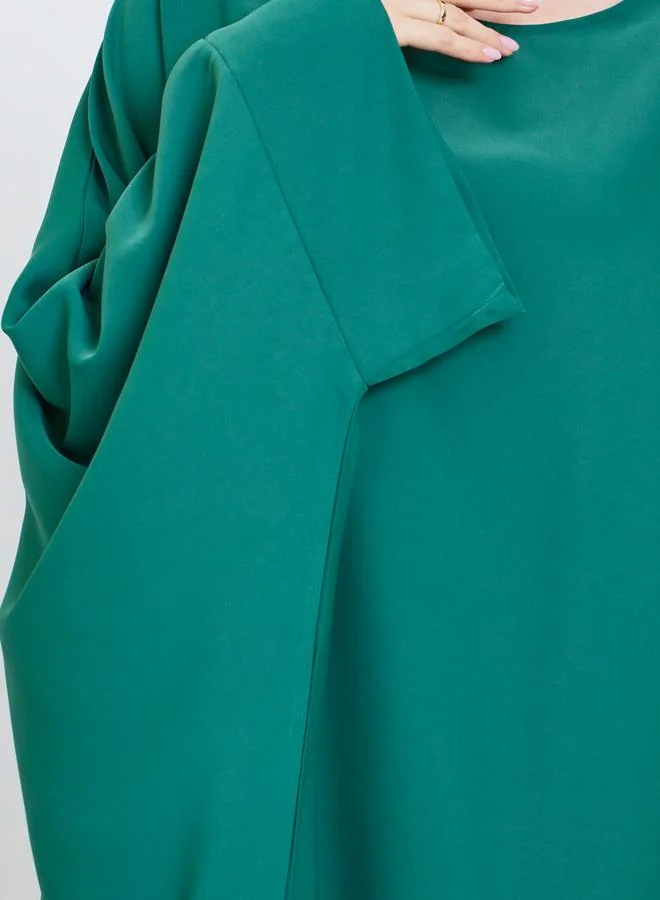 Take Two Solid Batwing Sleeve Abaya with Hijab Set