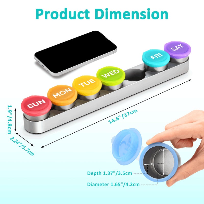 EIVENNKO Weekly Metal Pill Case 7 Day, Stainless Steel Pill Box Organizer for Travel, Waterproof Medicine Container, Portable Daliy Pill Holder for Vitamins Fish Oils (Large) - Image 2