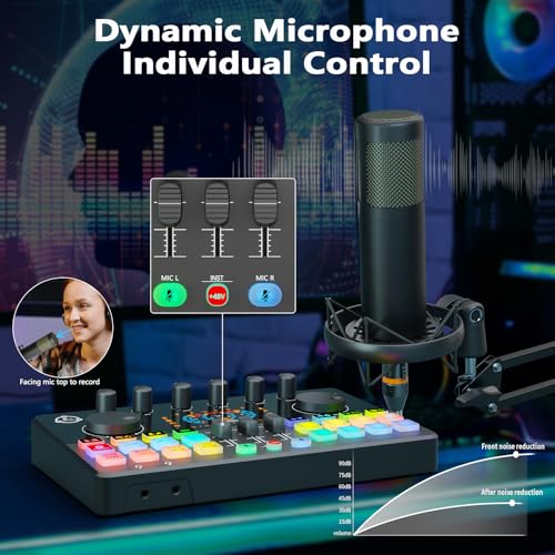 Hayner-Seek Podcast Equipment Bundle for 2, Audio Mixer with XLR Dynamic Microphone, Voice Change,RGB for Vocal Recording Podcasting,Streaming Singing TikTok, PC, Smartphone COMMANDER M100 3rd - Image 2
