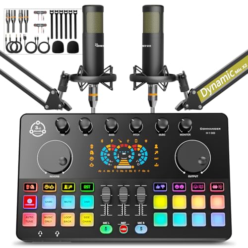 Hayner-Seek Podcast Equipment Bundle for 2, Audio Mixer with XLR Dynamic Microphone, Voice Change,RGB for Vocal Recording Podcasting,Streaming Singing TikTok, PC, Smartphone COMMANDER M100 3rd - Image 1