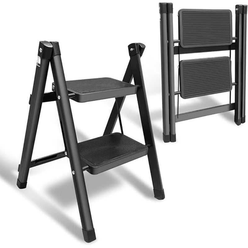 Kitchen/Closet Folding Step Stool, Heavy Duty Steel, Black, 330 Lbs Capacity with Anti-Slip Wide Pedal - Image 1