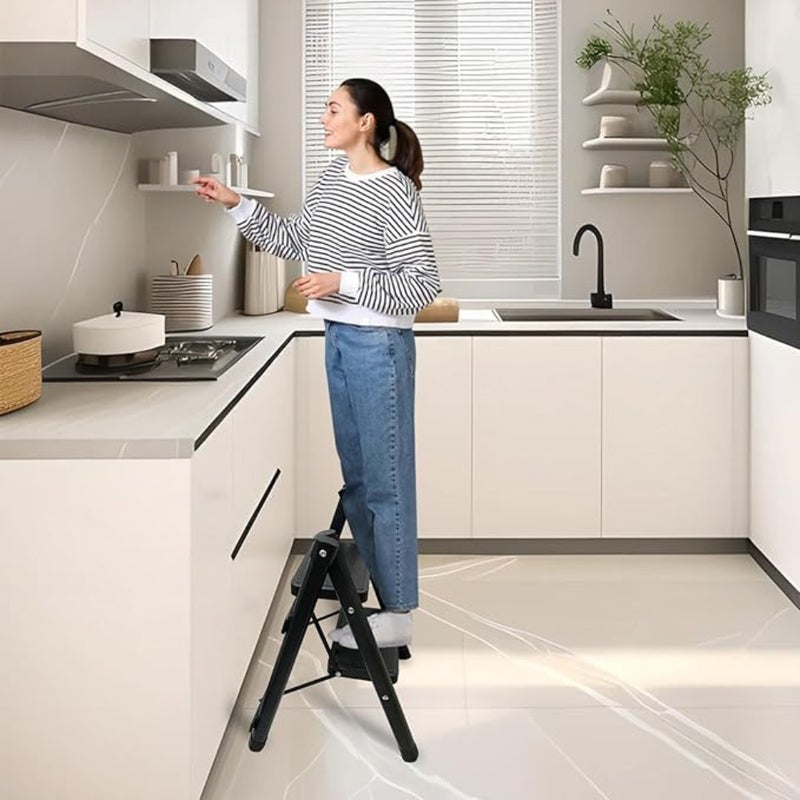 Kitchen/Closet Folding Step Stool, Heavy Duty Steel, Black, 330 Lbs Capacity with Anti-Slip Wide Pedal - Image 2