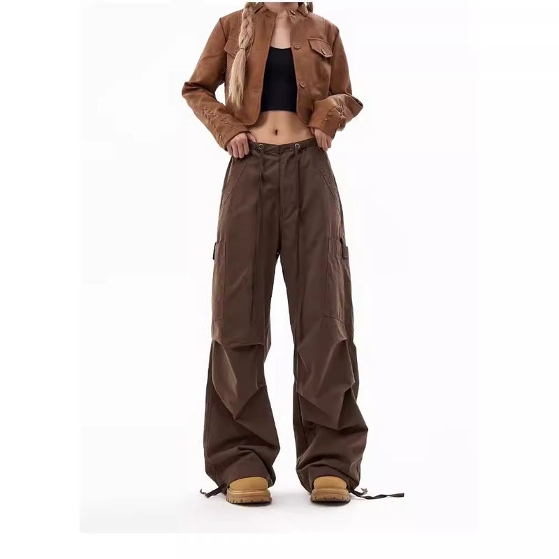 Brown Drawstring Cargo Pants Unisex Spring Fall Casual Loose-Fit Brown