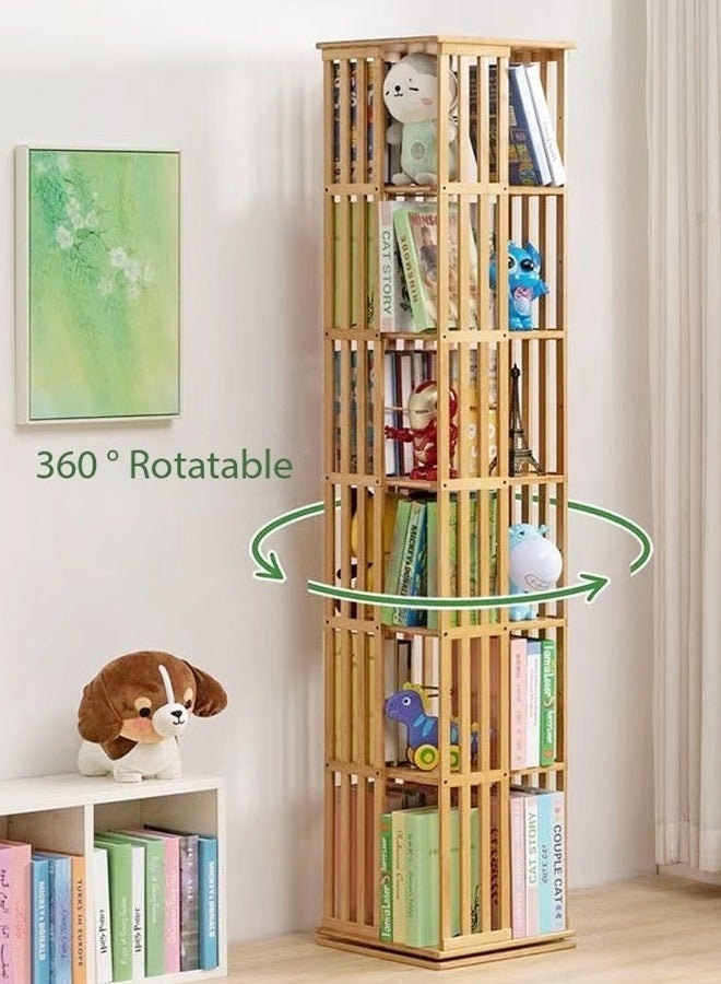 فاشون هوم 6 طبقات رف كتب قابل للدوران 360 درجة، تصميم سياج حديث وبسيط، خزانة كتب على الأرض، خزانة زاوية من الخيزران، رف عرض لغرفة المعيشة، المنزل، المكتب، 37 × 37 × 178 سم - Image 2