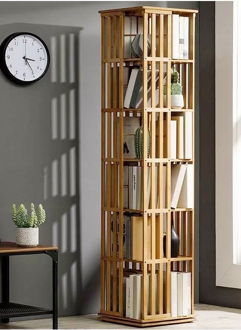 6 Layers 360 Degree Rotatable Bookshelf Modern Minimalist Fence Design Floor Bookcase Bamboo Corner Cabinet Display Rack for Living Room Home Office 37x37x178 cm