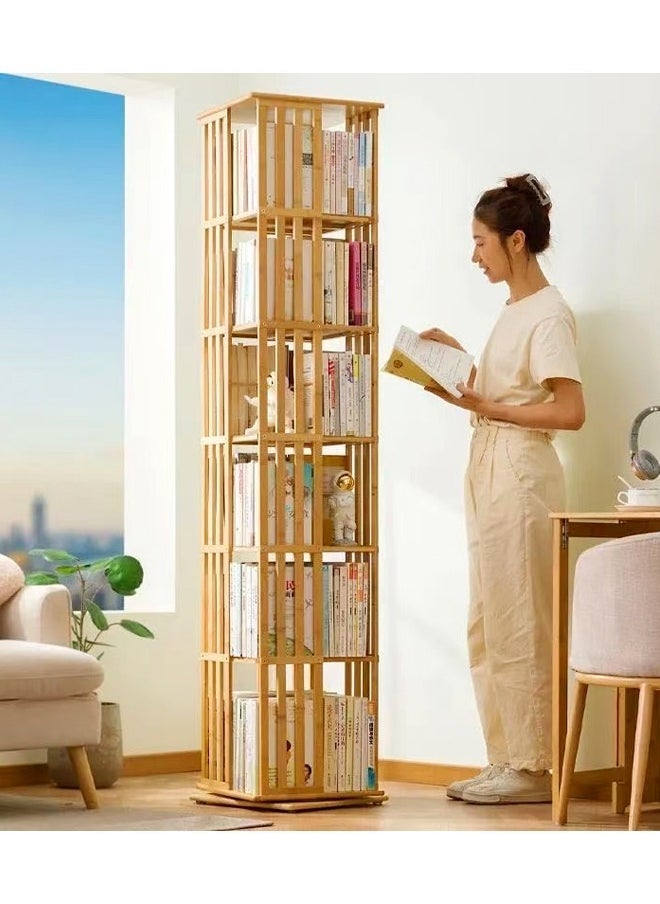 6 Layers 360 Degree Rotatable Bookshelf Modern Minimalist Fence Design Floor Bookcase Bamboo Corner Cabinet Display Rack for Living Room Home Office 37x37x178 cm