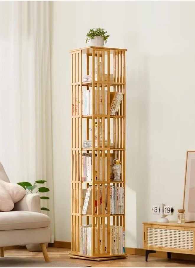 6 Layers 360 Degree Rotatable Bookshelf Modern Minimalist Fence Design Floor Bookcase Bamboo Corner Cabinet Display Rack for Living Room Home Office 37x37x178 cm
