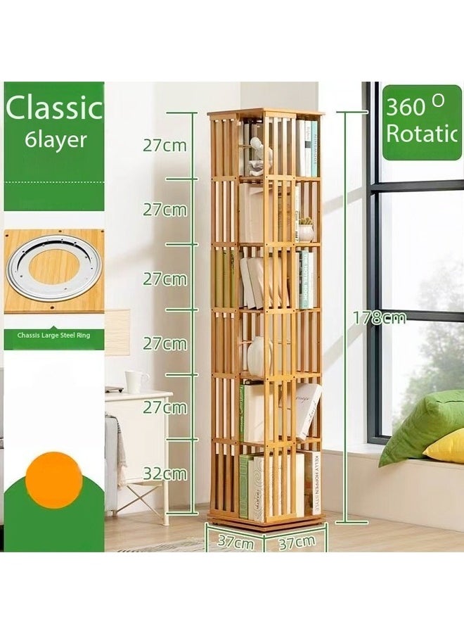 6 Layers 360 Degree Rotatable Bookshelf Modern Minimalist Fence Design Floor Bookcase Bamboo Corner Cabinet Display Rack for Living Room Home Office 37x37x178 cm