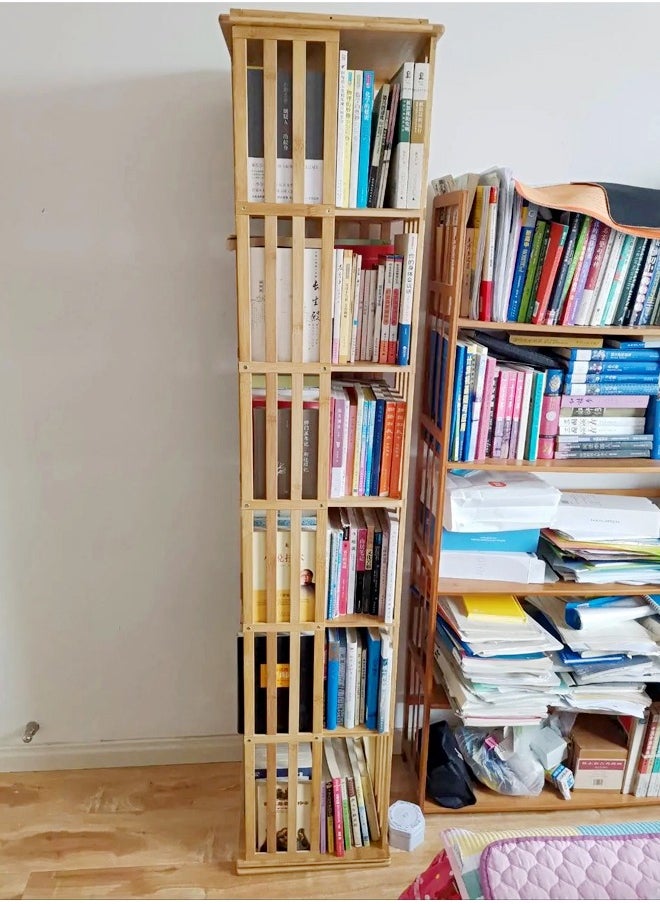 6 Layers 360 Degree Rotatable Bookshelf Modern Minimalist Fence Design Floor Bookcase Bamboo Corner Cabinet Display Rack for Living Room Home Office 37x37x178 cm