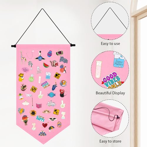 Winmany Wall Hanging Brooch Jewelry Storage Case Canvas Display Stand Enamel Pin Display Banner Holder Earrings Necklace Glitter Pin Collection Organizer (Pink) - Image 3