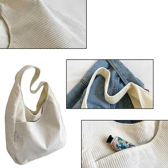 Hito Corduroy Shoulder Tote Bag Women Solid Color Snap-Button Fastening Exterior Slip Pocket Single Shoulder Strap for School & Work - Image 3