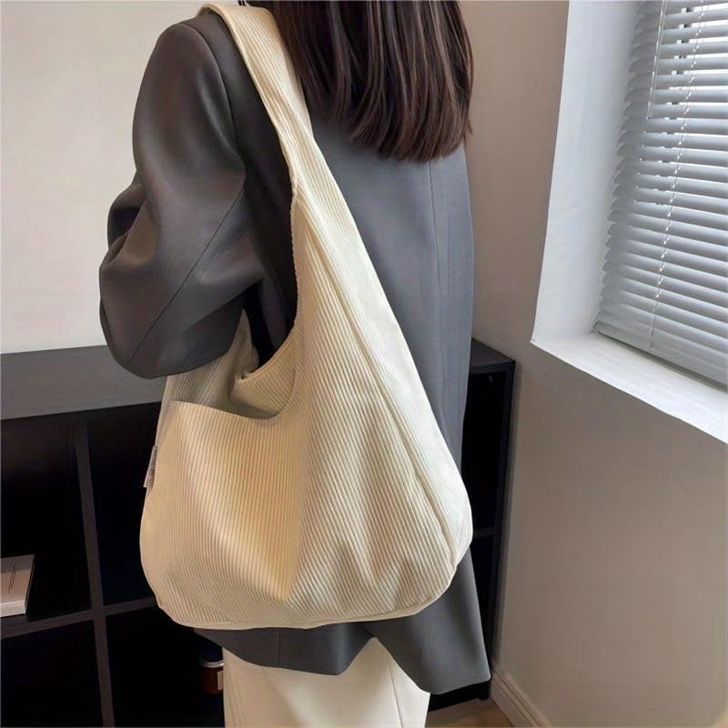 Hito Corduroy Shoulder Tote Bag Women Solid Color Snap-Button Fastening Exterior Slip Pocket Single Shoulder Strap for School & Work - Image 2