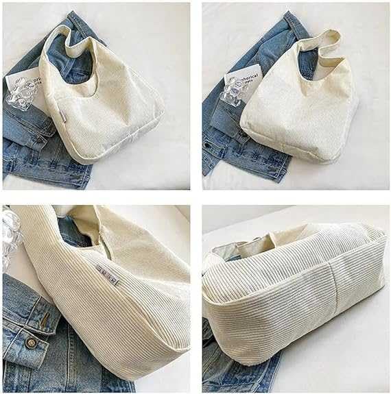 Hito Corduroy Shoulder Tote Bag Women Solid Color Snap-Button Fastening Exterior Slip Pocket Single Shoulder Strap for School & Work - Image 4