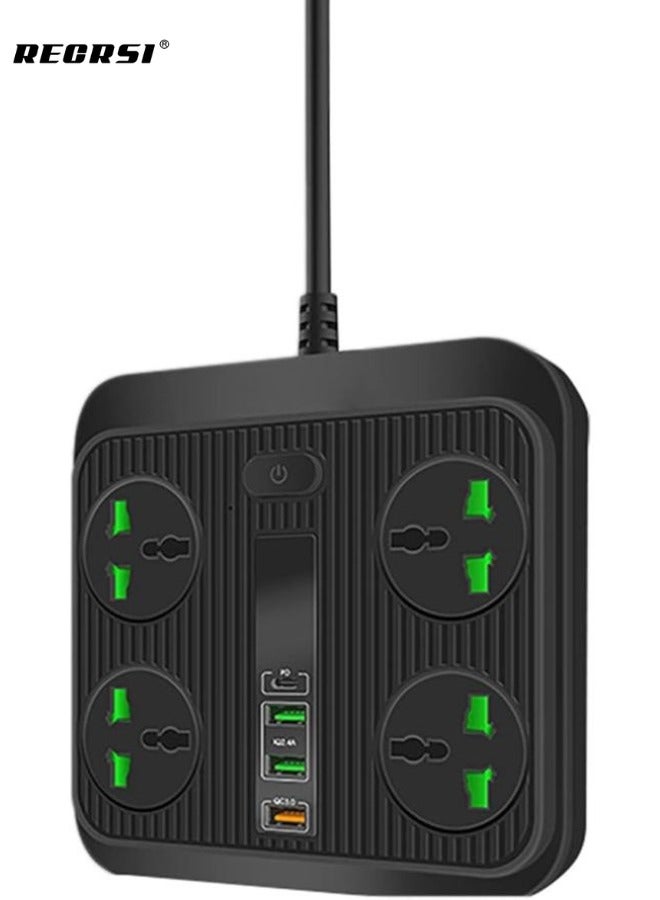 ريكرسي شريط طاقة عالمي، واقي من التيار الزائد مع 4 منافذ و3 منافذ شحن USB، منفذ USB-C بقدرة 2500 وات، وسلك تمديد طويل 2 متر للهواتف الذكية والأجهزة اللوحية والمكتب المنزلي والفندق، أسود - Image 1