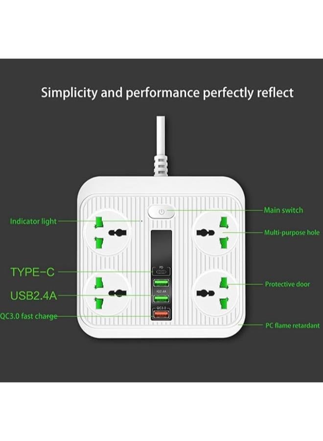 ريكرسي شريط طاقة عالمي، واقي من التيار الزائد مع 4 منافذ و3 منافذ شحن USB، منفذ USB-C بقدرة 2500 وات، وسلك تمديد طويل 2 متر للهواتف الذكية والأجهزة اللوحية والمكتب المنزلي والفندق، أسود - Image 3