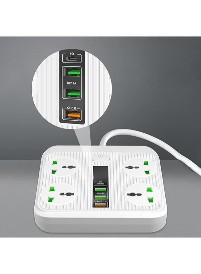 ريكرسي شريط طاقة عالمي، واقي من التيار الزائد مع 4 منافذ و3 منافذ شحن USB، منفذ USB-C بقدرة 2500 وات، وسلك تمديد طويل 2 متر للهواتف الذكية والأجهزة اللوحية والمكتب المنزلي والفندق، أسود - Image 5