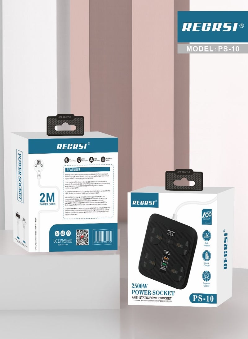 ريكرسي شريط طاقة عالمي، واقي من التيار الزائد مع 4 منافذ و3 منافذ شحن USB، منفذ USB-C بقدرة 2500 وات، وسلك تمديد طويل 2 متر للهواتف الذكية والأجهزة اللوحية والمكتب المنزلي والفندق، أسود - Image 2