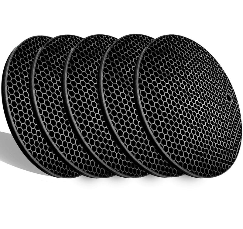 LogHog 5 Pack Extra Thick Silicone Trivets Heat Resistant Pot Holder and Oven Mitts,Trivets for Hot Dishes,Nonslip Insulation Honeycomb Rubber Hot Pads for Countertop,Multi-Purpose & Flexible Mats,BK - Image 1