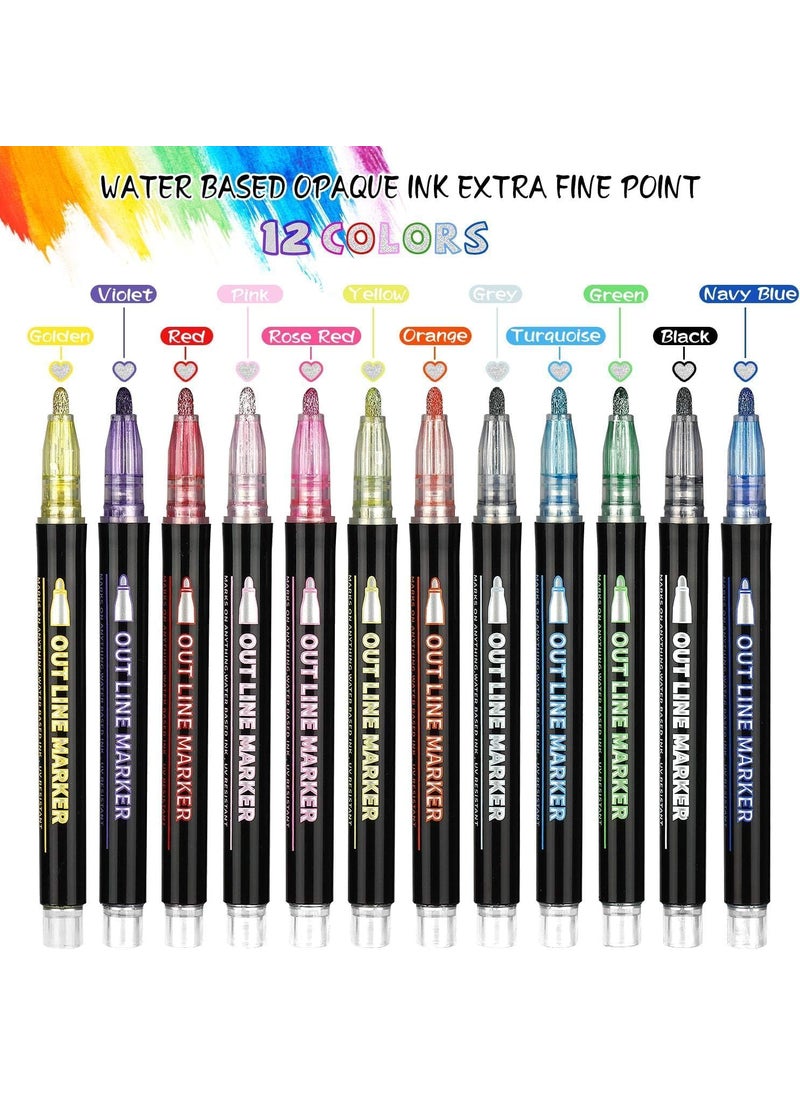 Like-It - like it Outline Marker Set 12 Metallic Colours Extra Fine Point Water Based Opaque Ink Glitter Pen Set for Rock Painting Glass Mug Wood Fabric Canvas DIY Craft with Fine Medium Tip - Image 1