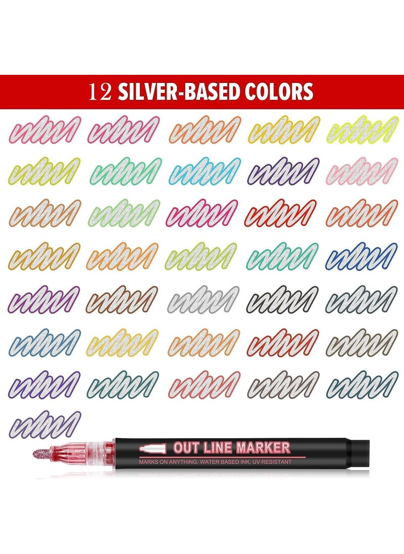 Like-It - like it Outline Marker Set 12 Metallic Colours Extra Fine Point Water Based Opaque Ink Glitter Pen Set for Rock Painting Glass Mug Wood Fabric Canvas DIY Craft with Fine Medium Tip - Image 1