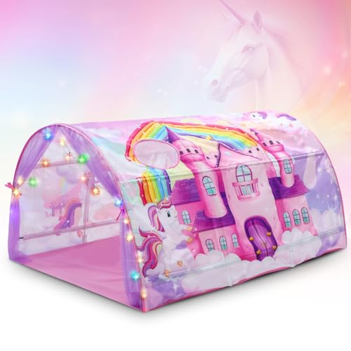 Wowangce Unicorn Bed Tent for Kids Large Kids Twin Tent Toddler Play Bed with Carry Bag Foldable with String Lights for Girls Boys Bedroom Indoor Games - Image 1