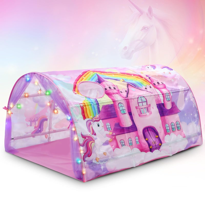 Wowangce Unicorn Bed Tent for Kids Large Kids Twin Tent Toddler Play Bed with Carry Bag Foldable with String Lights for Girls Boys Bedroom Indoor Games - Image 2
