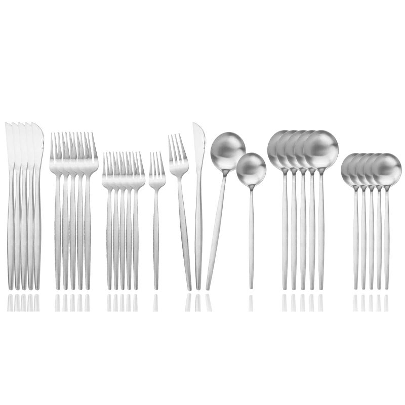 JASHII Flatware Silverware Set Stainless Steel Satin Finish Cutlery Set Service for 6 30Piece Spoons And Forks Kitchen Utensil Set Dishwasher Safe Matte Silver