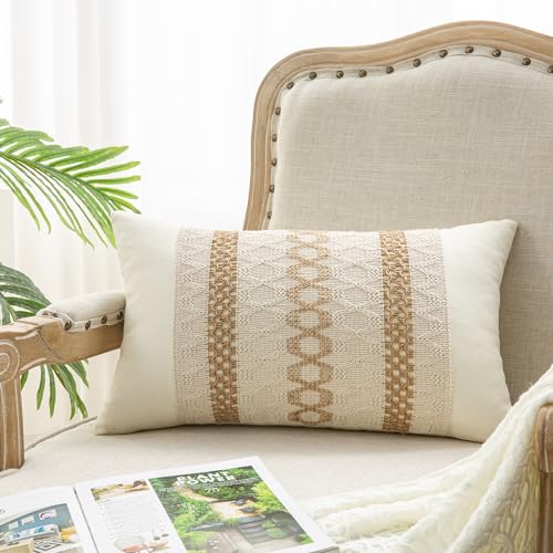 Mayler Yee Lumbar Throw Pillow Covers 12 x 20 Inch 1PC for Farmhouse Living Room, Cotton & Burlap Textured Striped Woven Boho Pillow Covers (Beige & Brown, Triple Striped) - Image 1