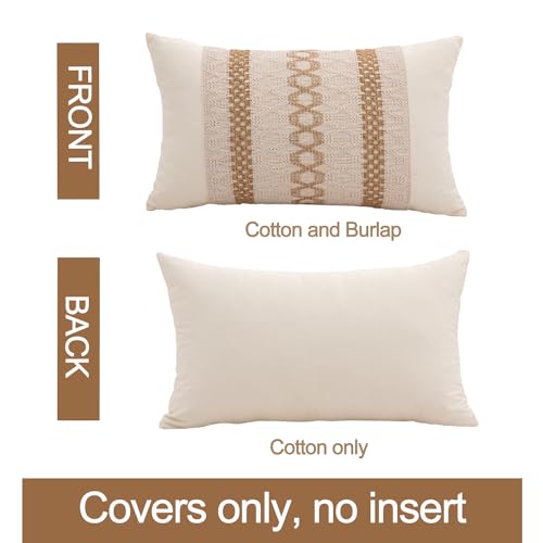 Mayler Yee Lumbar Throw Pillow Covers 12 x 20 Inch 1PC for Farmhouse Living Room, Cotton & Burlap Textured Striped Woven Boho Pillow Covers (Beige & Brown, Triple Striped) - Image 2