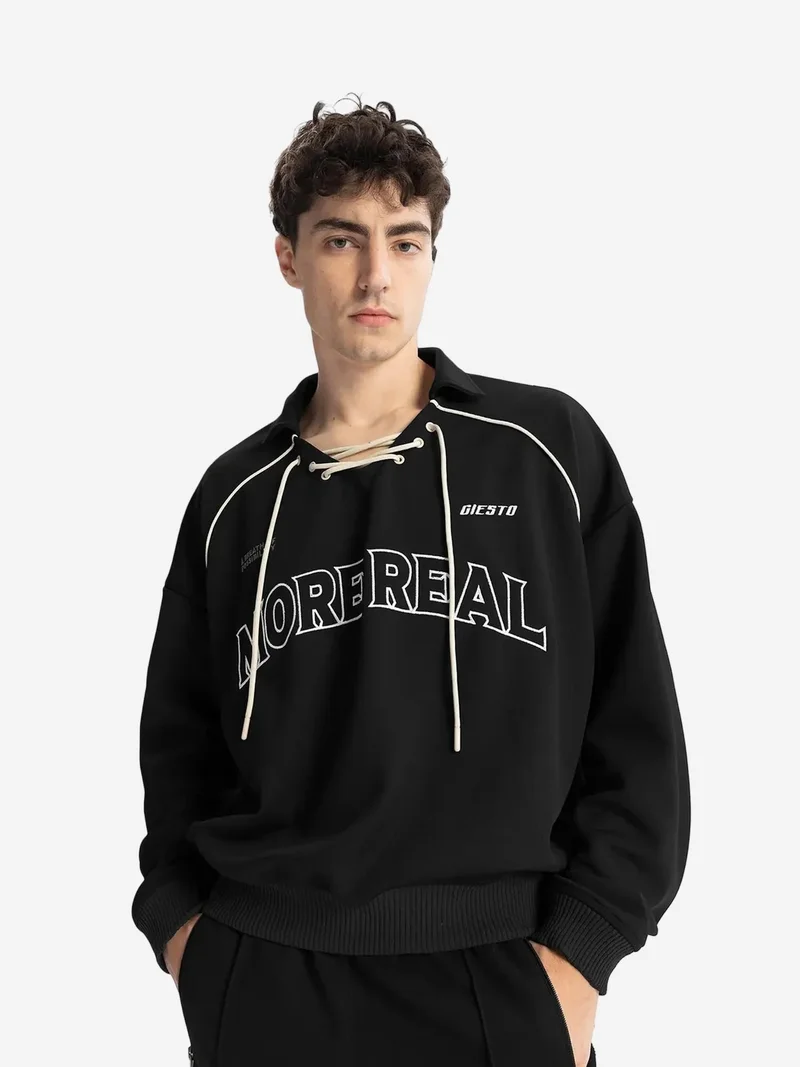 GIESTO Drawstring Neckline Printed Sweatshirt