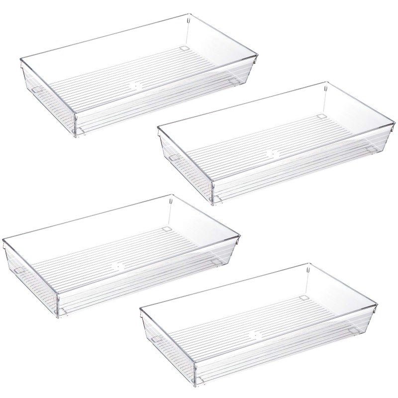 4 Pack 12x 6 Large Size Clear Plastic Desk Drawer Organizer Tray Bathroom Office Kitchen Utensils Silverware Gadgets Dividers Desk Drawer Storage Bins Container for Dresser Cosmetic Makeup