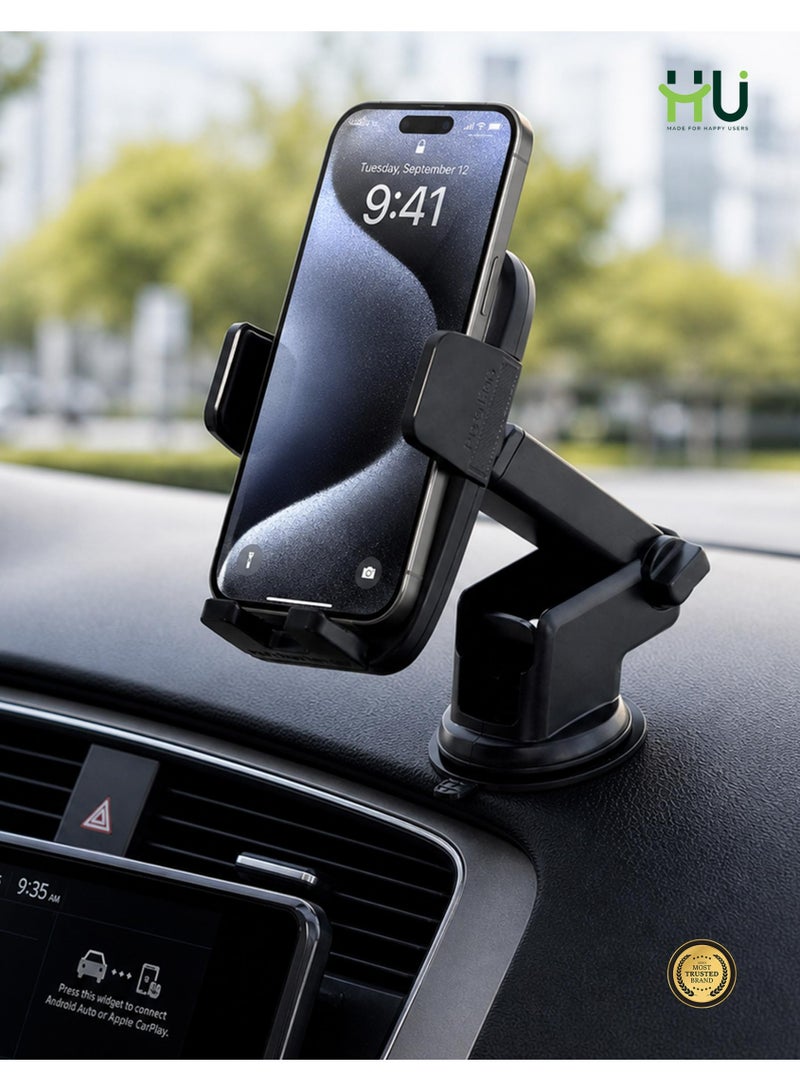 H U Car Phone Holder with Suction Cup, Windshield & Dashboard Mount, 360° Rotation, Adjustable Telescopic Arm, Universal - Image 5