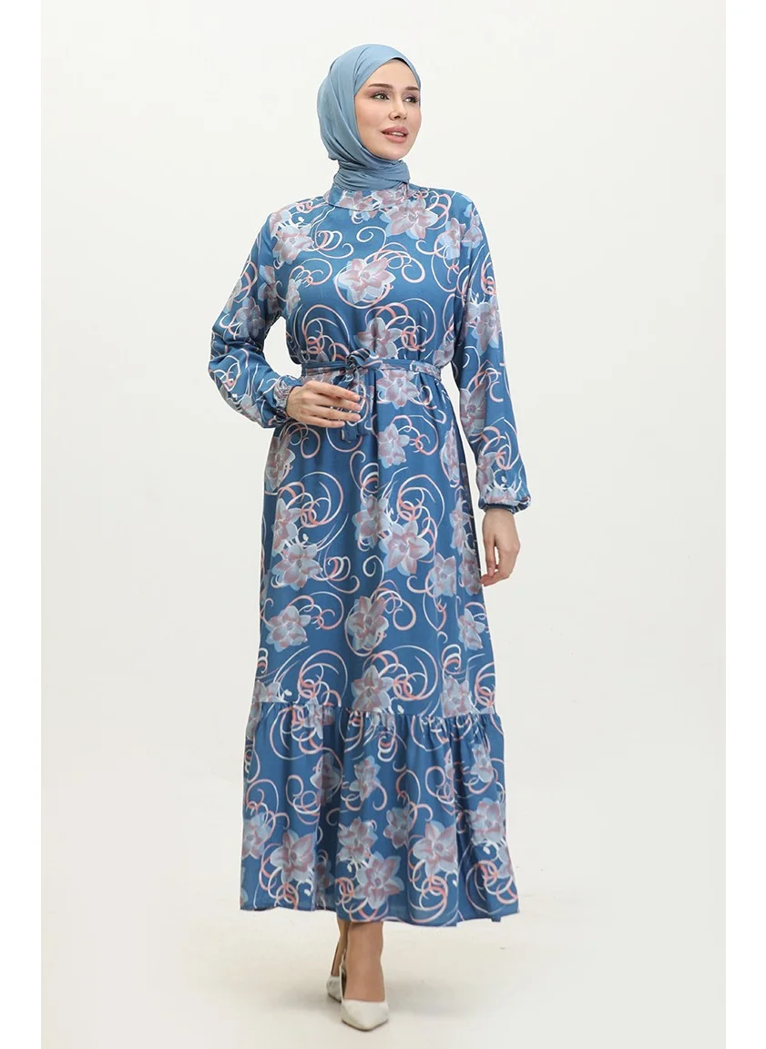 Sefa Merve Floral Belted Dress 0373-03 Indigo