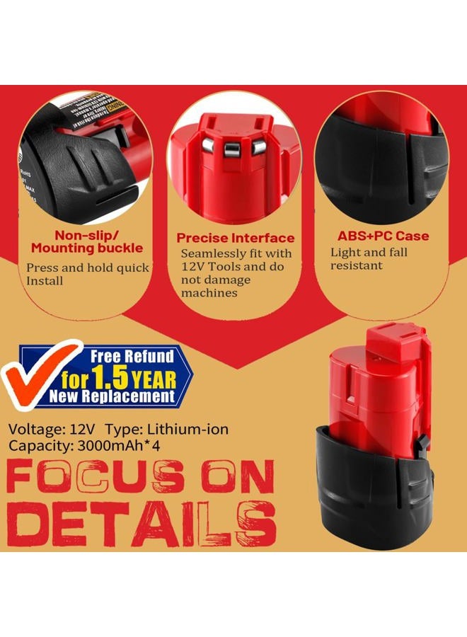 TenHutt 4Packs 12V 3.0Ah Li-Ion Battery Replacement for Milwaukee M-12 Battery 48-11-2401 48-11-2412 48-11-2440 48-11-2425 48-11-2450, Compatible with Milwaukee 12-Volt Cordless Power Tools/Heated Jacket - Image 3