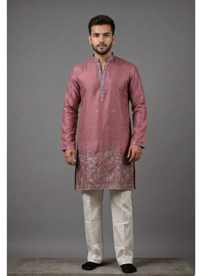 Lehar Elegant Mauve Silk Kurta with Intricate Hem Embroidery