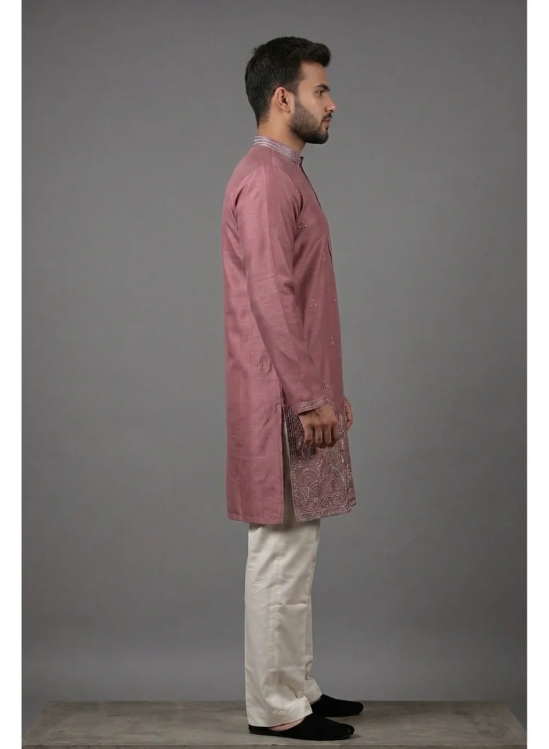 Lehar Elegant Mauve Silk Kurta with Intricate Hem Embroidery