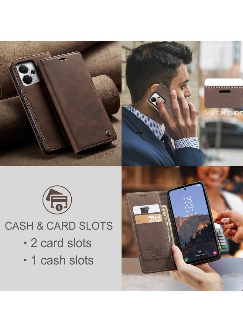 CaseMe Phone Case Luxury PU Leather Design 013 Flip Cover Card Slot Holder Cover For Realme 14T/Realme 14 5G (Coffe) - Image 3